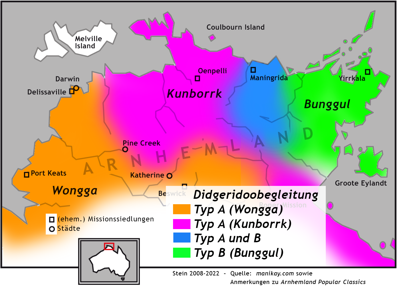 Karte mit ungefähren Verbreitungsgebieten einiger traditioneller Stile des Didgeridoo-Spiels
